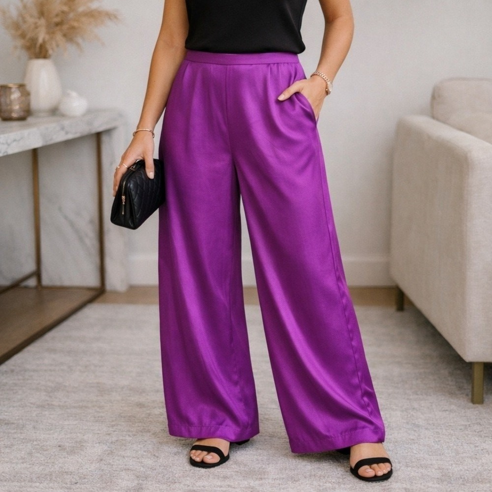 Bryn Walker Pants Womens M Wide Leg Silky Satin Cupro Lagenlook Purple Medium - Picture 1 of 12